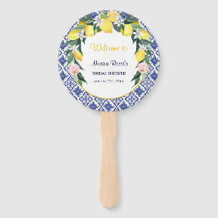 Italian Citrus Lemon Blue Tiles Bridal Shower  Hand Fan