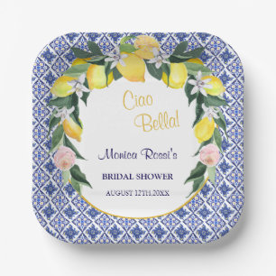 Italian Citrus Lemon Blue Tiles Bridal Shower  Paper Plate