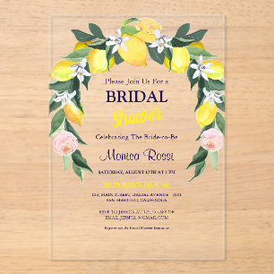 Italian Citrus Lemons Wreath Blue  Bridal Shower  Acrylic Invitations
