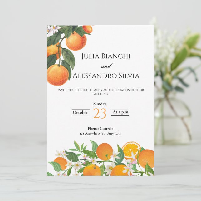 Italian Citrus Orange Blossom Wedding Invitation (Standing Front)