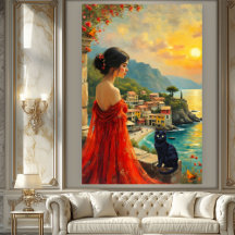 Italian Coast with Lady and Black Cat