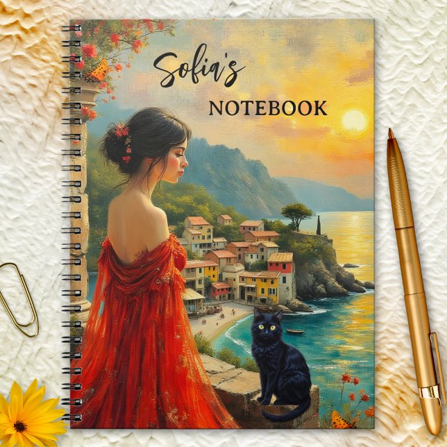 Italian Coast with Lady and Black Cat Notebook (Italian fine art notebook with lady in red and black cat on a beautiful coast at sunset)