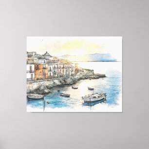 Italian coastal town boats in a watercolor sketch canvas print