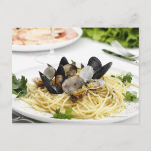 Italian cuisine. Spaghetti alle vongole. Postcard