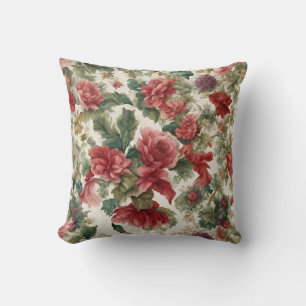 Italian Delicate Pink-Red Roses and Leaves Throw Pillow
