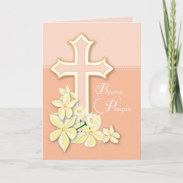 Italian Easter Card, Flowers & Cross, Buona Pasqua Holiday Card (Front)