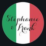 Italian Flag Colours Wedding Classic Round Sticker<br><div class="desc">You can customize the green red and white Italian flag colours to create your own wedding stickers.
The couple's name feature a decorative modern calligraphy style. 
Change the line spacing to change the intertwined look to the script.
Change the font style to create your own custom text message.</div>