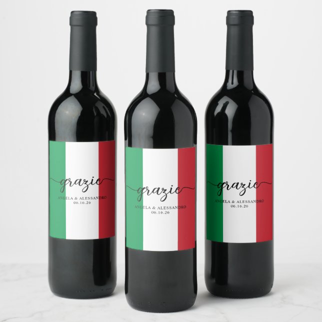 Italian Flag Elegant Calligraphy Grazie Wine Label (Bottles)