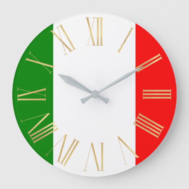 Italian Flag of Italy with Gold Roman Numerals Large Clock (Front)