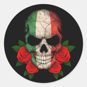 Italian Flag Skull with Red Roses Classic Round Sticker