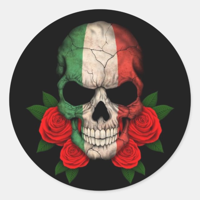 Italian Flag Skull with Red Roses Classic Round Sticker (Front)