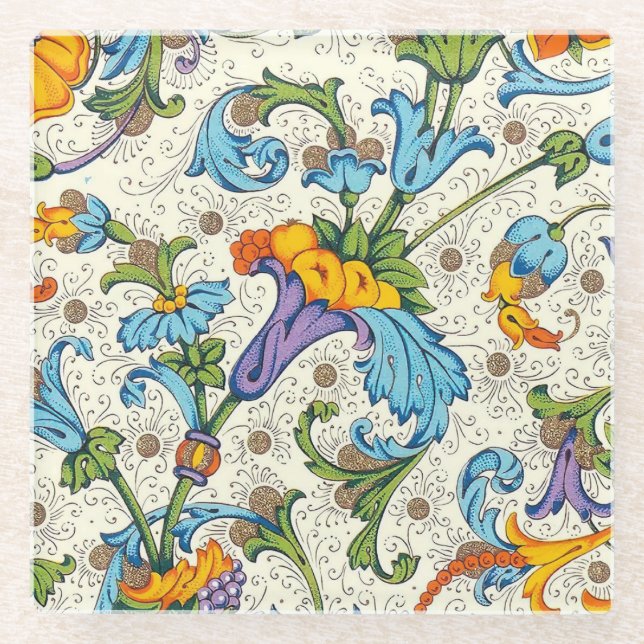 Italian Florentine Flourishes Pattern Glass Coaster (Front)