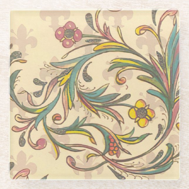 Italian Florentine Flourishes Pattern Glass Coaster (Front)