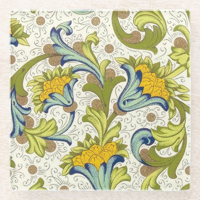 Italian Florentine Flourishes Pattern Glass Coaster (Front)