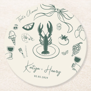 Italian Food Hand Drawn Wedding Engagement Party Round Paper Coaster