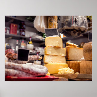 Italian food market with cheese and pepperoni wash poster