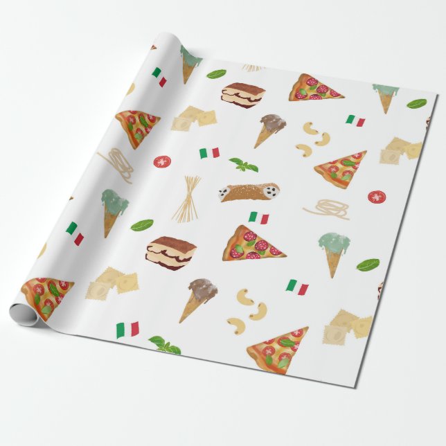 Italian Food Pizza Pasta Tiramisu Pattern Wrapping Paper (Unrolled)