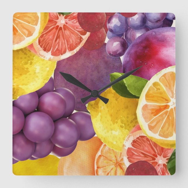 Italian Fruit Kitchen Print | Watercolor Citrus Square Wall Clock (Front)