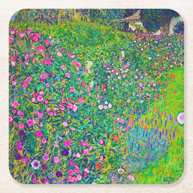 Italian Garden, Gustav Klimt Square Paper Coaster (Front)