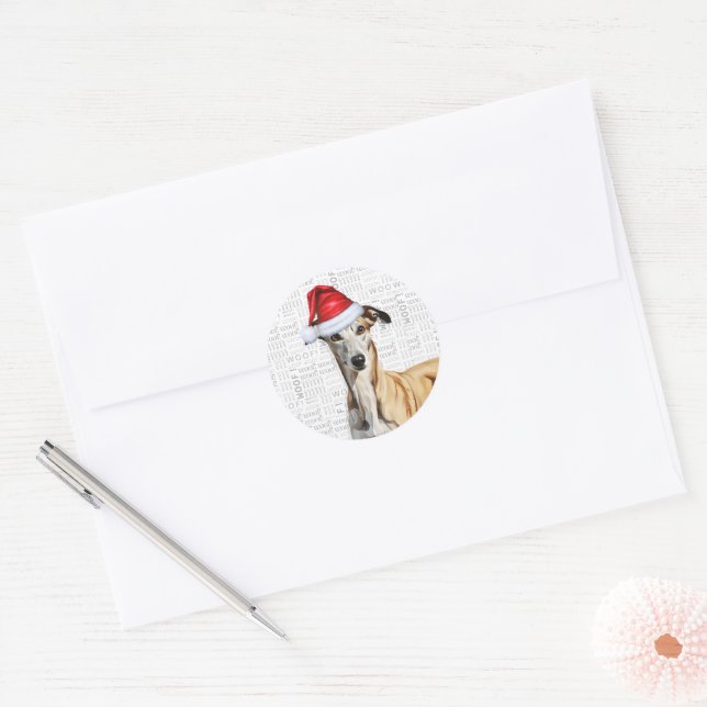 Italian Greyhound and Woof Word Art Christmas Classic Round Sticker (Envelope)