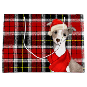 Italian Greyhound Dog and Red Plaid Christmas Large Gift Bag