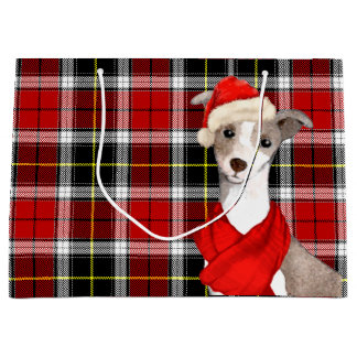 Italian Greyhound Dog and Red Plaid Christmas Large Gift Bag