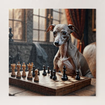 Italian Greyhound Dog Playing Chess