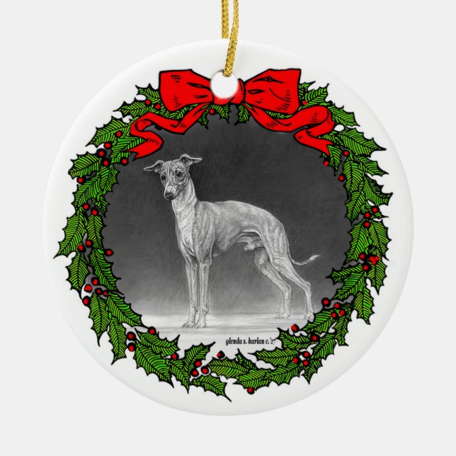 Italian Greyhound Drawing by Glenda S. Harlan Ceramic Ornament (Front)