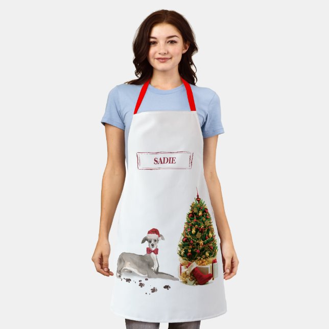 Italian Greyhound Funny Christmas Dog with Tree Apron (Worn)