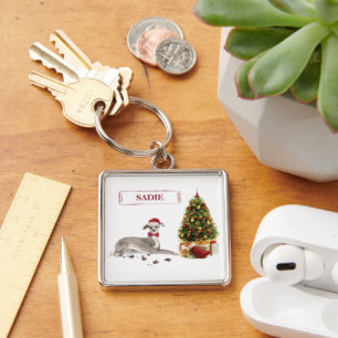 Italian Greyhound Funny Christmas Dog with Tree Keychain