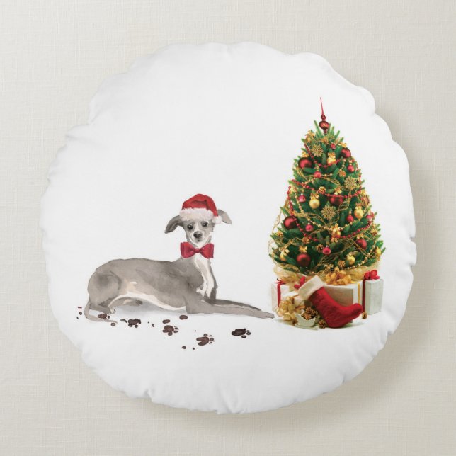 Italian Greyhound Funny Christmas Dog with Tree Round Pillow (Front)