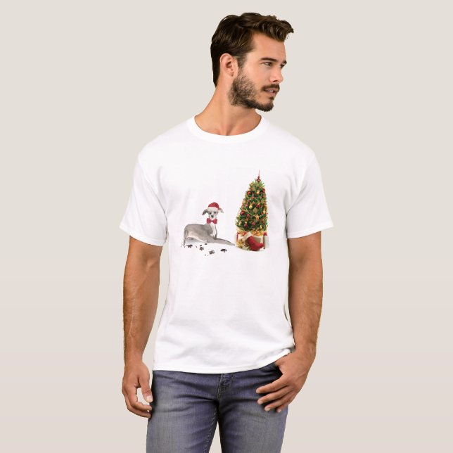 Italian Greyhound Funny Christmas Dog with Tree T-Shirt (Front Full)