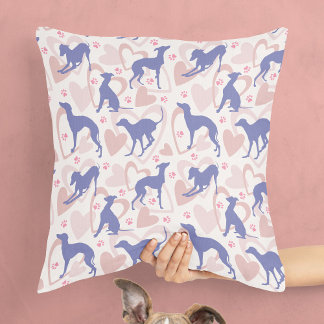 Italian Greyhound Hearts Paws Periwinkle Pattern Throw Pillow