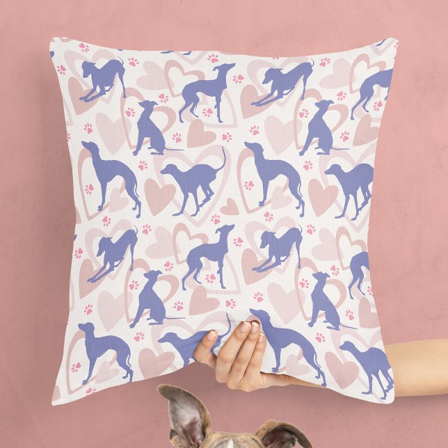 Italian Greyhound Hearts Paws Periwinkle Pattern Throw Pillow (Creator Uploaded)