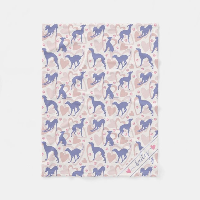 Italian greyhound Hearts Periwinkle Pattern Name Fleece Blanket (Front)