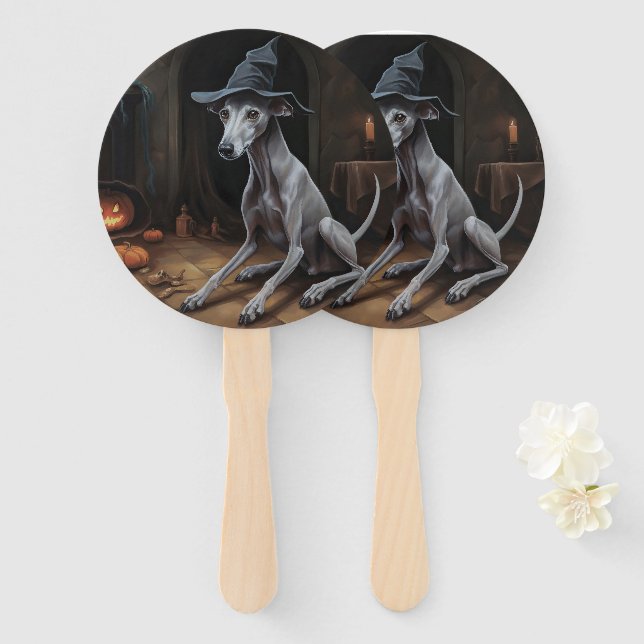 Italian Greyhound Pumpkins Halloween Scary  Hand Fan (Front and Back)