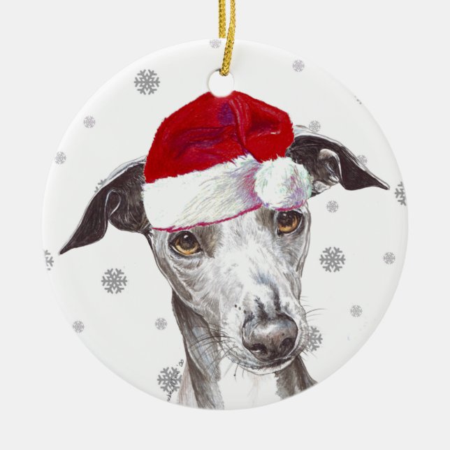 Italian Greyhound - Santa Hat Christmas Bauble Ceramic Ornament (Front)