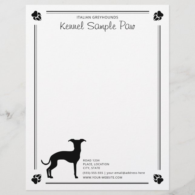 Italian Greyhound Silhouette With Paws And Text Letterhead (Front)