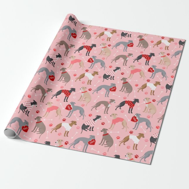 Italian Greyhound Valentine Pattern Wrapping Paper (Unrolled)
