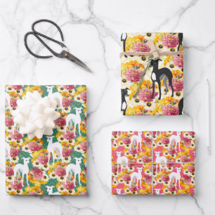 Italian Greyhounds Floral Pattern Wrapping Paper Sheet