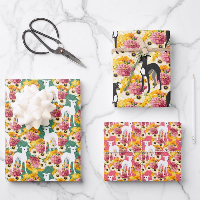 Italian Greyhounds Floral Pattern Wrapping Paper Sheet (Front)