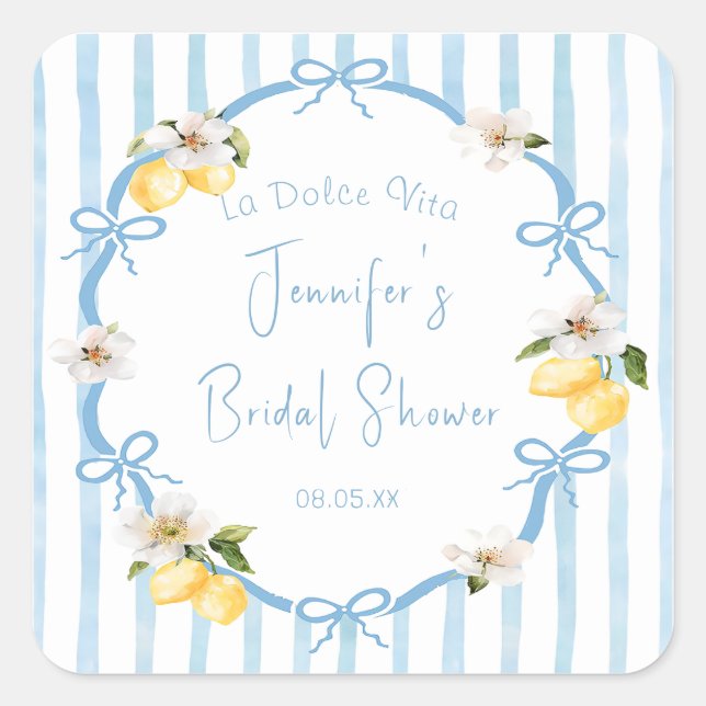 Italian Hand Drawn Coastal Lemon Bridal Shower Square Sticker (Front)