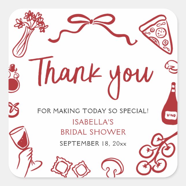 Italian Hand Drawn Pizza Thank you Bridal Shower Square Sticker (Front)
