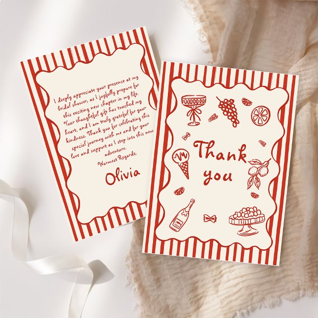 Italian Hand Drawn Red Bridal Shower Thank You Card (Creator Uploaded)