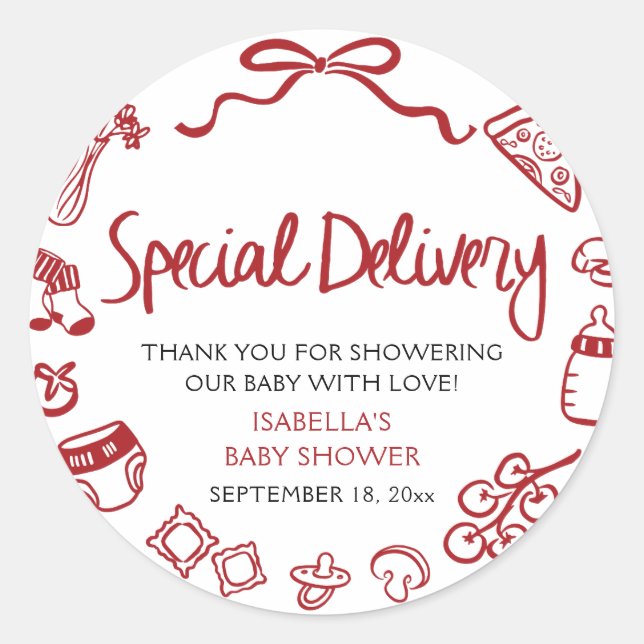 Italian Hand Drawn Special Delivery Baby Shower Classic Round Sticker (Front)