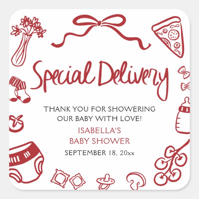 Italian Hand Drawn Special Delivery Baby Shower Square Sticker (Front)