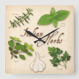 Italian Herbs, Basil, Oregano, Parsley, Garlic Square Wall Clock