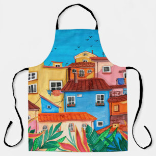 Italian houses. Gouache hand drawn Apron