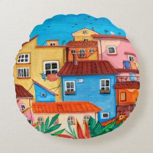 Italian houses. Gouache hand drawn Round Pillow