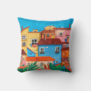 Italian houses. Gouache hand drawn Throw Pillow